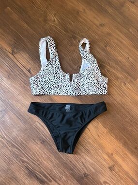 Women’s Two-Piece Swim Set - Black Bottom & White/Black Spot Top